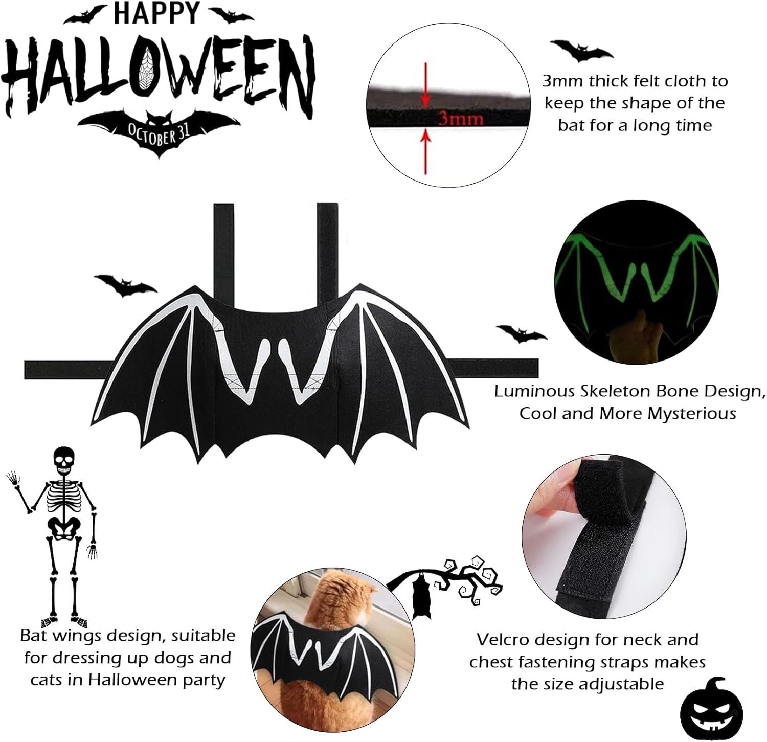 JMT-997706 Luminous Bat Wings Halloween Costume for Small to Large Dogs and Cats