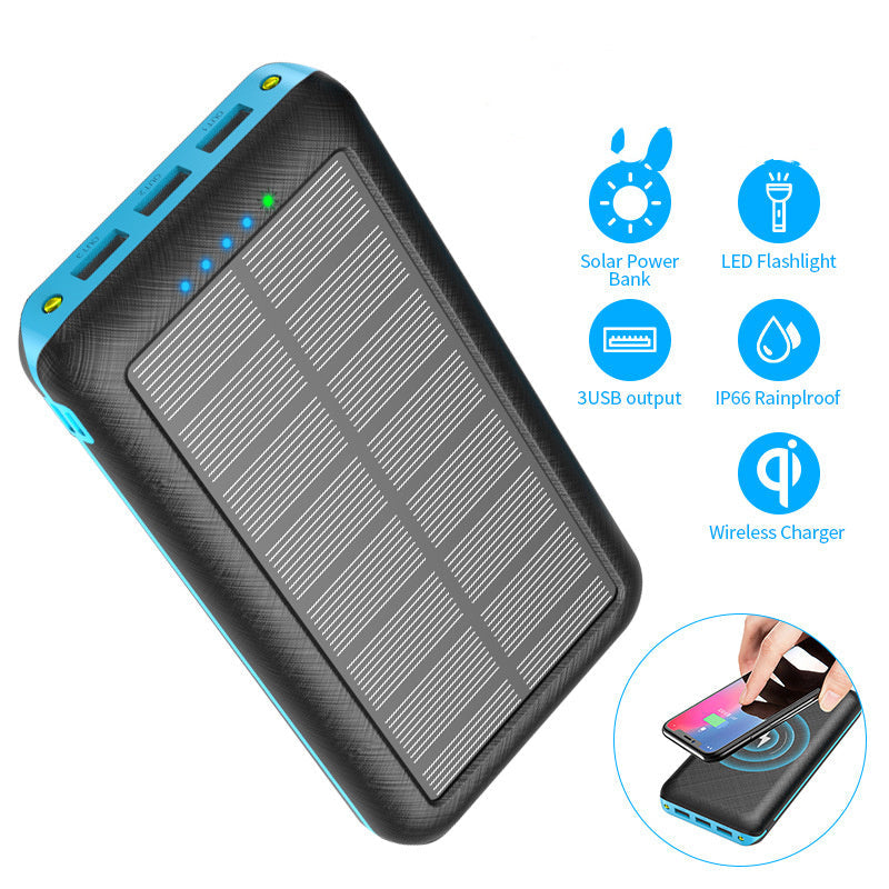 JMT-997962 Wireless Solar Charger Power Bank with LED Flashlight for Mobile Devices, 3 USB Ports, Compatible with iPhone, Xiaomi, Samsung