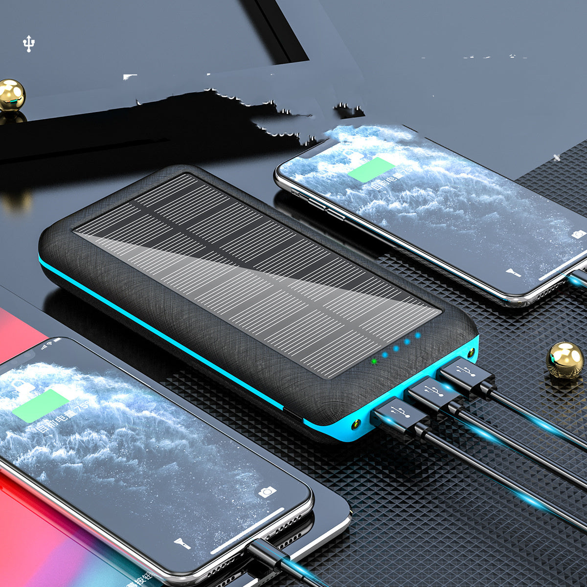 JMT-997962 Wireless Solar Charger Power Bank with LED Flashlight for Mobile Devices, 3 USB Ports, Compatible with iPhone, Xiaomi, Samsung