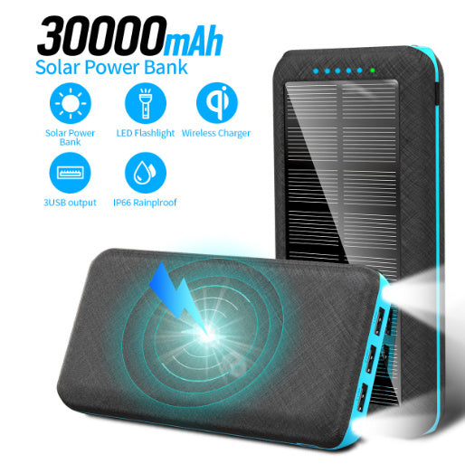 JMT-997962 Wireless Solar Charger Power Bank with LED Flashlight for Mobile Devices, 3 USB Ports, Compatible with iPhone, Xiaomi, Samsung